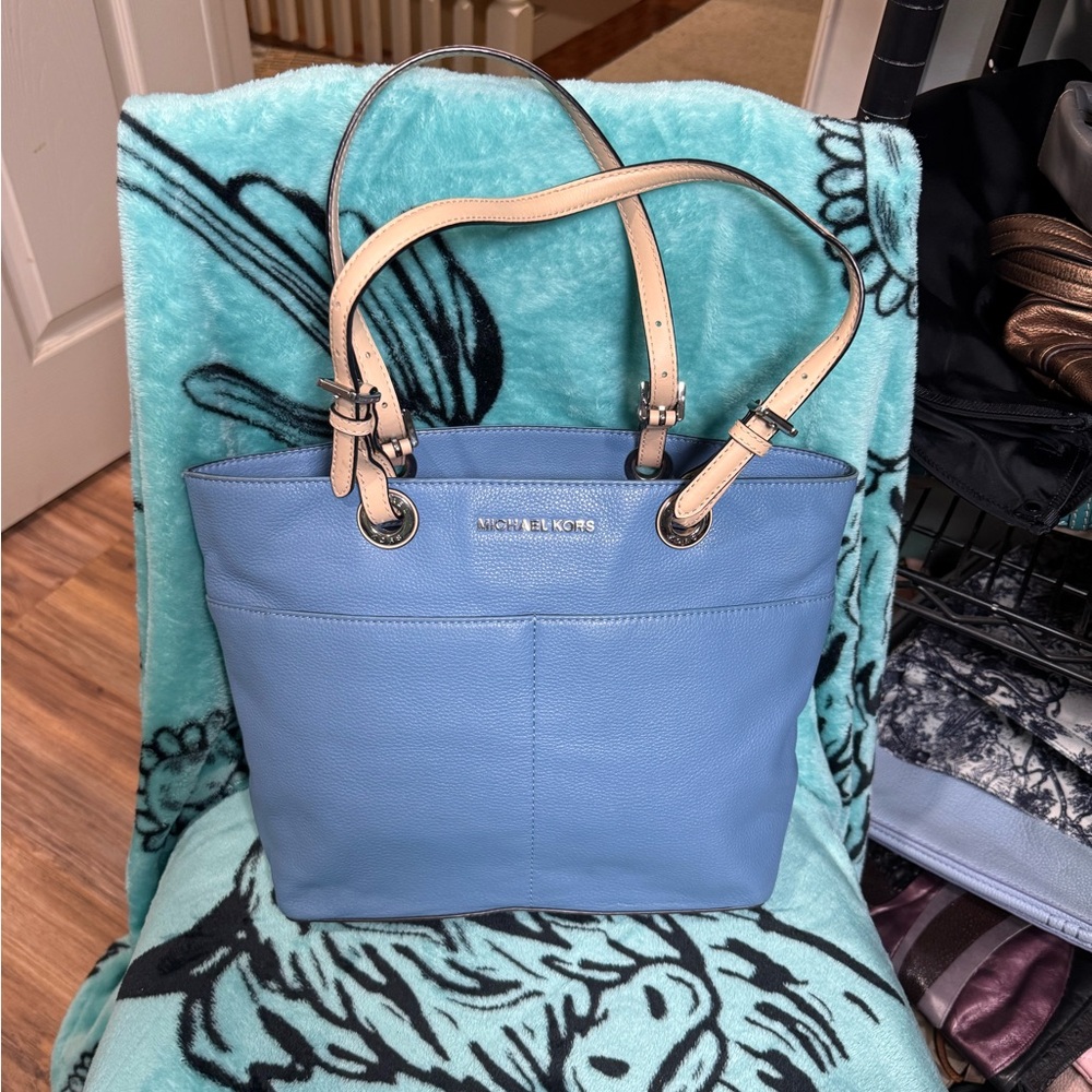 Michael Kors COA Light Blue Leather Tote with Beige Handles